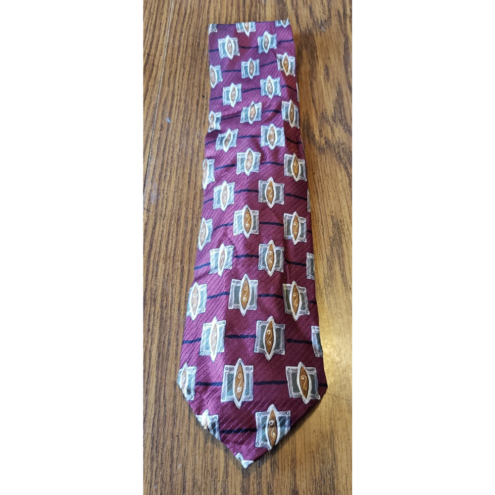 XMI Melvins Men's 100% Silk Necktie USA Designer Red and Gold Geometric Square